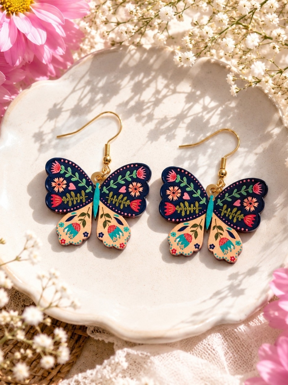 Handpainted Butterfly Dangle Earrings - Navy, Teal & Coral New